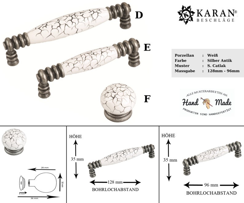 May include: White ceramic cabinet knobs with a crackled finish and silver antique hardware. The knobs are available in two sizes: 4.25 inches and 3.75 inches. The knobs are hand-made and feature a "Hand Made" logo.