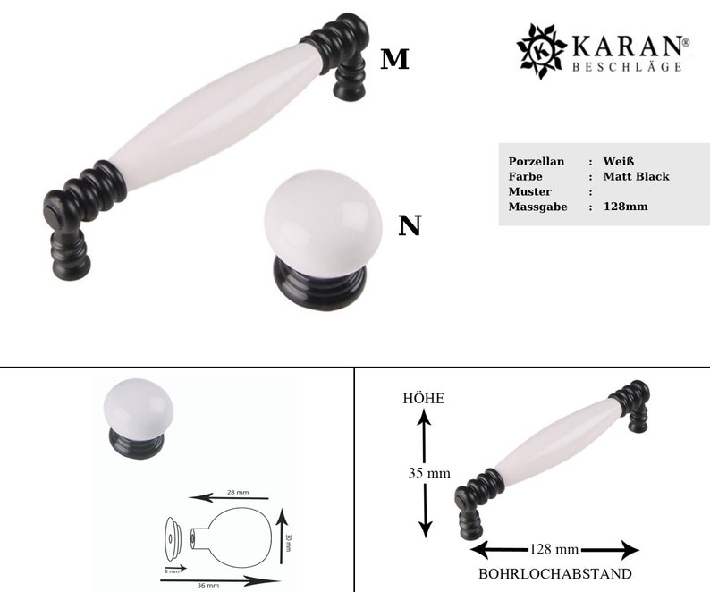 May include: White porcelain cabinet knob with a black base and a 128 mm center-to-center measurement. The knob is shown with a matching handle.