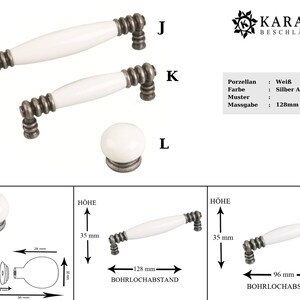 May include: White ceramic cabinet knobs with silver antique finish. The knobs are available in two sizes: 128mm and 96mm. The knobs are shown on a white background.