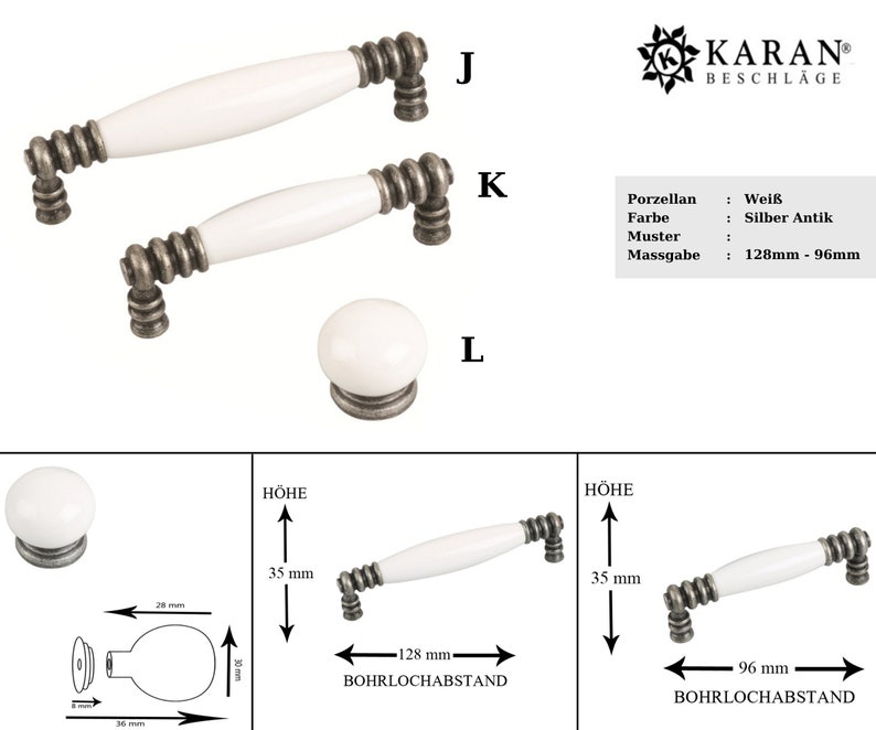 May include: White ceramic cabinet knobs with silver antique finish. The knobs are available in two sizes: 128mm and 96mm. The knobs are shown on a white background.