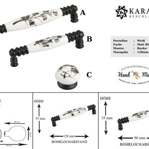May include: White ceramic cabinet knobs with black floral designs and black metal bases. The knobs are 3.5 inches tall and have a 5-inch center-to-center spacing.