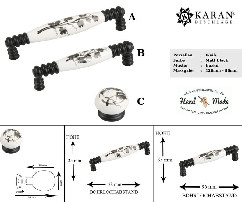 May include: White ceramic cabinet knobs with black floral designs and black metal bases. The knobs are 3.5 inches tall and have a 5-inch center-to-center spacing.