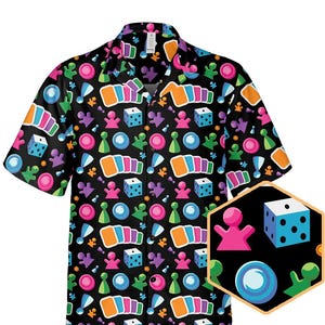 Camisa havaiana de jogo de tabuleiro - Presente para geeks - Estampa de carta de dados Meeple - Camisa de botões para festa à noite de jogos