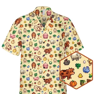 May include: A yellow short-sleeved button-down shirt with a pixelated pattern of farm animals, vegetables, and other items. The shirt has a light yellow background and features a variety of colors, including brown, green, red, and blue.