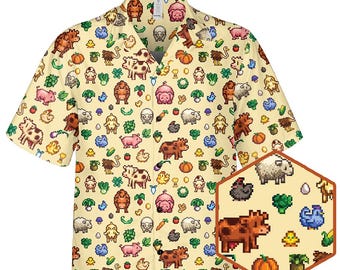 Pixel Bauernhof Tiere: Kawaii Kuh Schwein Huhn Veggie Muster