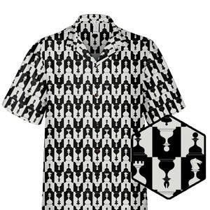 May include: Short-sleeved shirt with a black and white chess piece design. The shirt has a standard collar and a regular fit. A hexagonal inset shows chess pieces in black and white.