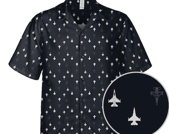 Camisa hawaiana con estampado de avión de combate F-16, camisa abotonada de aviación, avión militar del ejército estadounidense, regalo para pilotos, camisa de avión para veteranos de la Fuerza Aérea