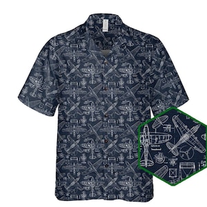 航空ハワイアンシャツ、面白い飛行機ギフト、パイロットボタンアップ、飛行機愛好家シャツ