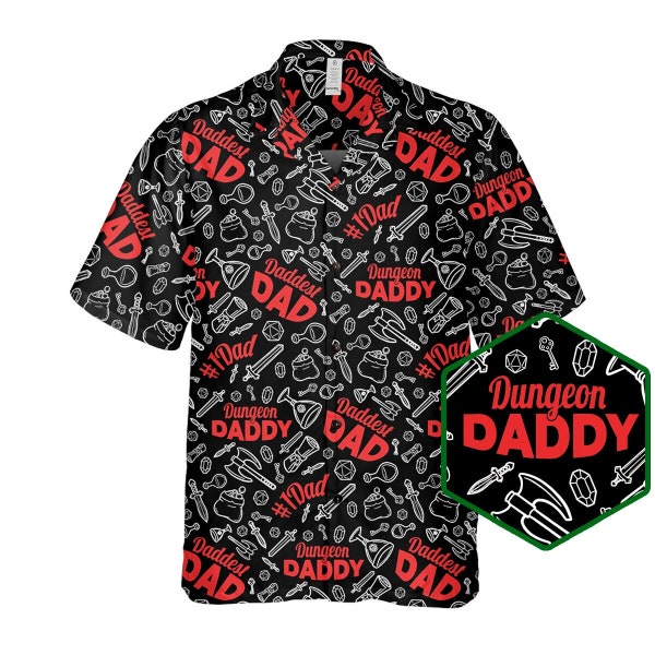 Camisa Dungeon Daddy, camisa DnD, camisa hawaiana DnD, camisa DnD Dad, camisa de dados, mazmorras y dragones, regalo DM, botón DnD