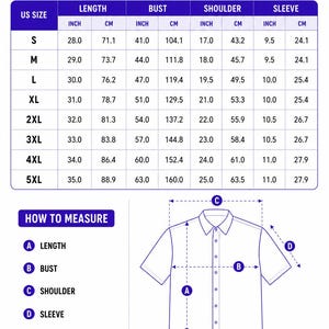 May include: Size chart for a button-down short sleeve shirt, with measurements in inches and centimeters. The chart includes sizes S to 5XL, detailing length, bust, shoulder, and sleeve dimensions. The shirt is designed in a regular fit.