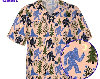 Bigfoot button up shirt , seamless sasquatch hawaiian shirt, pink blue cryptid gift