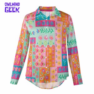 Boho Patchwork Women Blouse, Hippie  Retro Flower Button Down Shirt