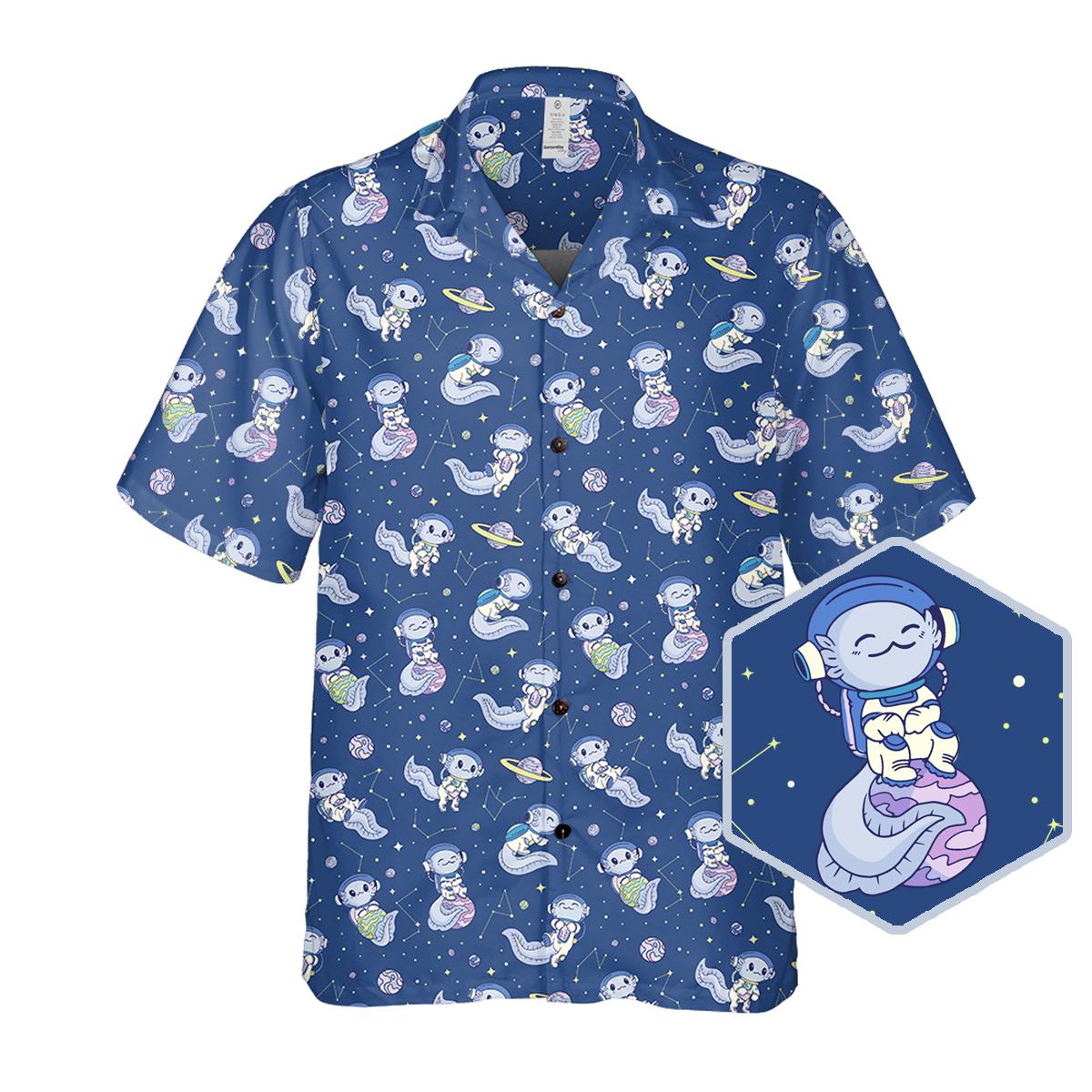 Discover Axolotl in Space Hawaiian Shirt with Galaxy Print