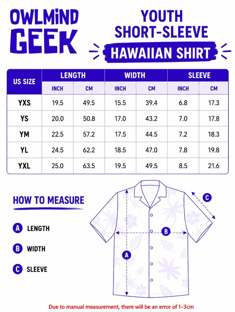 May include: Blue chart with size measurements for a youth short-sleeve Hawaiian shirt. The chart includes US sizes YXS to YXL, with measurements in inches and centimeters for length, width, and sleeve. The shirt has a floral pattern.