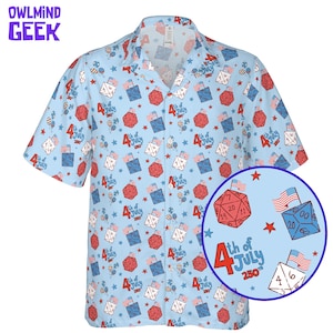 May include: Light blue button-down shirt featuring a repeating pattern of red, white, and blue dice, American flags, stars, and the text "4th of July 250th". The shirt has short sleeves and a classic collar.