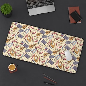 May include: A rectangular beige mousepad with a repeating pattern of musical instruments, swords, and other medieval-themed illustrations. The design includes guitars, drums, and musical notes. A computer mouse rests on the pad.