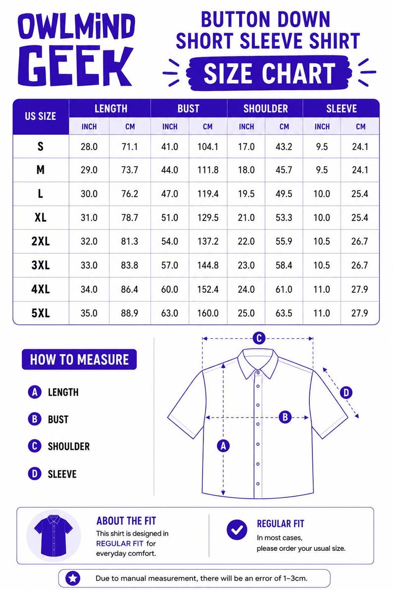 Pode incluir: Uma tabela de tamanhos azul e branca para uma camisa de manga curta com bot&otilde;es da OWLMIND GEEK. A tabela lista os tamanhos dos EUA de S a 5XL com medidas em polegadas e cent&iacute;metros para comprimento, busto, ombro e manga, incluindo diagrama.