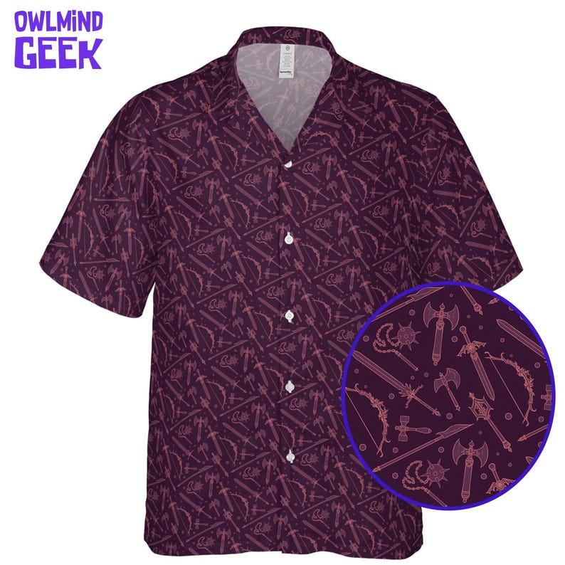 May include: A short-sleeved button-down shirt in a deep burgundy color, featuring a repeating pattern of weapons such as swords, axes, and bows. The shirt has a classic collar and white buttons. The text "OWL MIND GEEK" is in the upper left corner.