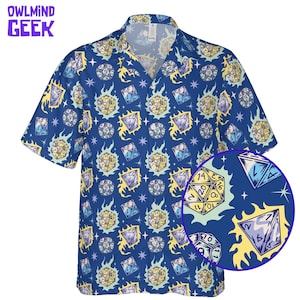 May include: Blue short-sleeved shirt with a repeating pattern of dice and geometric shapes. The shirt has a collar and a close-up of a die. The text "OWLMINND GEEK" is in the upper left corner.