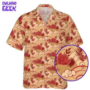 May include: A short-sleeve button-down shirt in a tan color featuring a repeating pattern of red lotus flowers, palm leaves, and stylized clouds with concentric circular lines. The text "OWLMIND GEEK" appears in the top left corner.