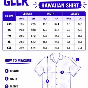 Pode incluir: Uma tabela de tamanhos para uma camisa havaiana de manga curta para jovens da OWLMIND GEEK. A tabela mostra os tamanhos dos EUA de YXS a YXL com medidas de comprimento, largura e manga em polegadas e cent&iacute;metros, e um diagrama de como medir.