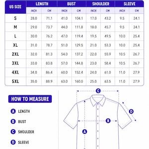 Puede incluir: Tabla de tallas para una camisa de manga corta con botones, con medidas en pulgadas y cent&iacute;metros. La tabla incluye tallas de la S a la 5XL, detallando las dimensiones de largo, pecho, hombro y manga. La camisa tiene un corte regular.