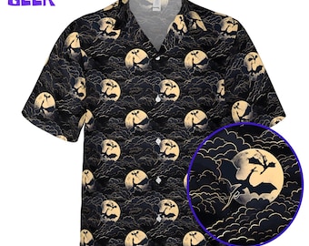 May include: A short-sleeve button-down shirt featuring a repeating pattern of black dragons silhouetted against large, pale yellow full moons and dark, textured clouds. The shirt has a collar and white buttons. The text OWLMIND GEEK is visible.