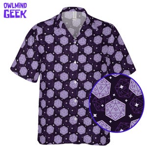 May include: A short-sleeved shirt with a purple dice pattern on a dark purple background. The shirt has a collar and a close-up of the dice pattern. The text "OWLMIND GEEK" is in the upper left corner.