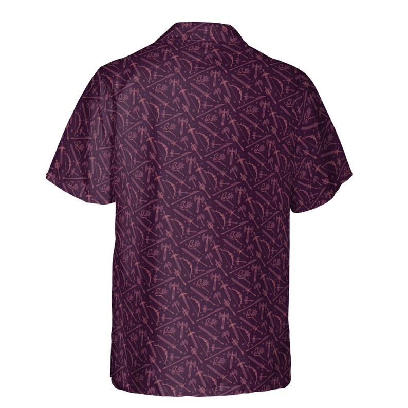 May include: Short-sleeved button-down shirt in a deep purple hue, featuring a repeating pattern of bows, arrows, axes, and other medieval weaponry. The shirt has a classic collar and a relaxed fit, suitable for casual wear.