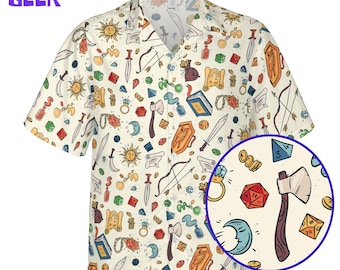 Hawaiiaans DnD-shirt: patroon dobbelstenen en DnD-items, dm-cadeau
