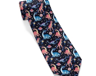 May include: A dark blue necktie with a repeating pattern of pink, blue, and white dinosaurs and planets on a black background.
