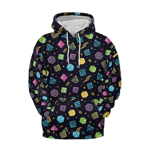 May include: A black hoodie with a colorful pattern of dice and geometric shapes. The dice are outlined in neon colors and have different numbers on each side.
