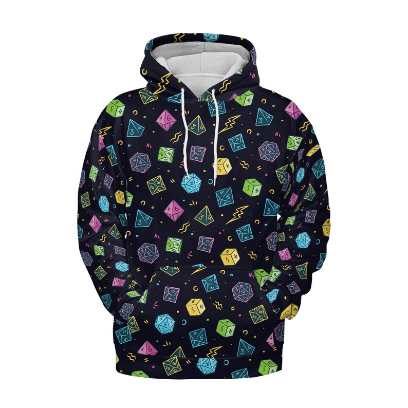 May include: A black hoodie with a colorful pattern of dice and geometric shapes. The dice are outlined in neon colors and have different numbers on each side.