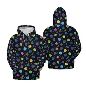 May include: A black hoodie with a colorful dice pattern. The dice are outlined in neon colors and have different numbers on them. The hoodie has a drawstring hood and a kangaroo pocket.