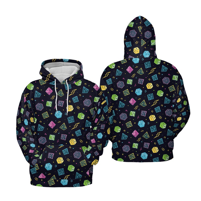 May include: A black hoodie with a colorful dice pattern. The dice are outlined in neon colors and have different numbers on them. The hoodie has a drawstring hood and a kangaroo pocket.