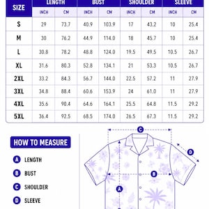 Puede incluir: Tabla de tallas para camisas hawaianas, con medidas en pulgadas y cent&iacute;metros. Incluye dimensiones de largo, pecho, hombro y manga para tallas S a 5XL. La tabla tambi&eacute;n muestra c&oacute;mo medir la camisa.