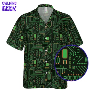 May include: A short-sleeved button-down shirt featuring a black background with a green and orange circuit board pattern. The shirt has a collar and a front button closure. The text "OWLMIND GEEK" is printed in the top left corner of the image.