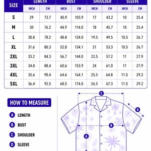 May include: Size chart for Hawaiian shirts, with measurements in inches and centimeters. Includes length, bust, shoulder, and sleeve dimensions for sizes S to 5XL. The chart also shows how to measure the shirt and provides fit information.