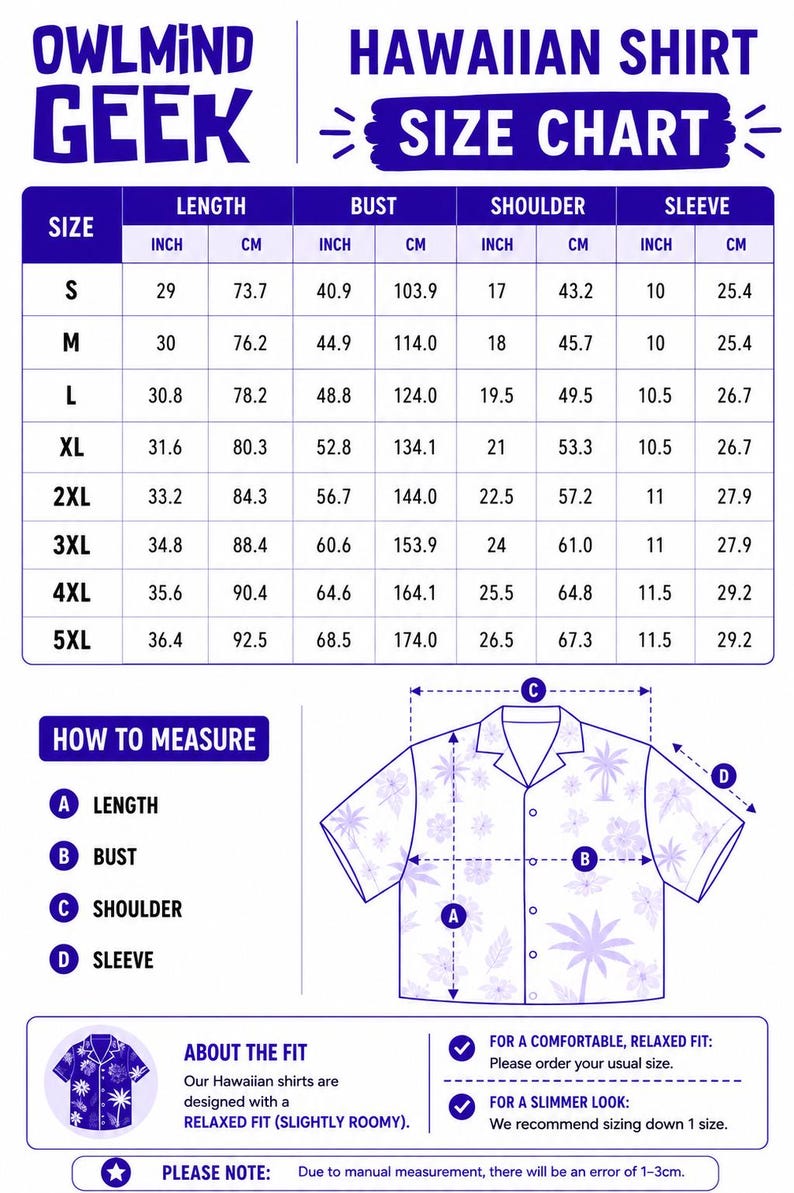 May include: Size chart for Hawaiian shirts, with measurements in inches and centimeters. Includes length, bust, shoulder, and sleeve dimensions for sizes S to 5XL. The chart also shows how to measure the shirt and provides fit information.