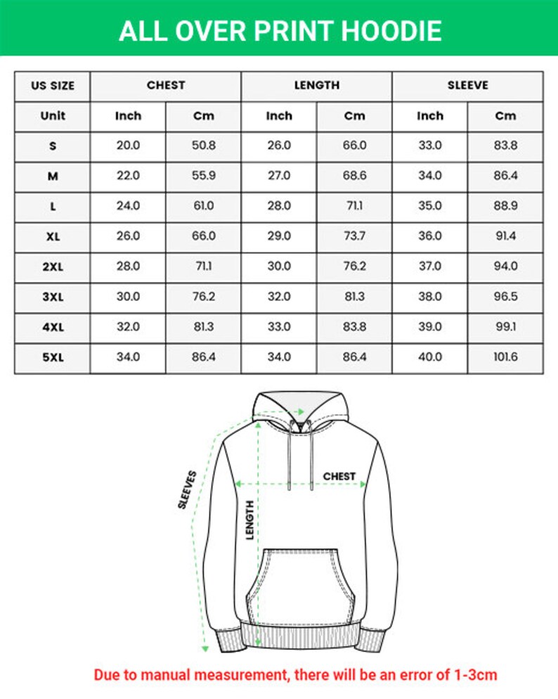 May include: Size chart for a hoodie with measurements in inches and centimeters for chest, length, and sleeve. The chart shows sizes from S to 5XL.