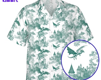 Vintage Hawaiiaans shirt Dragon Castle – Fantasy DnD-shirt voor gamers, cadeau RPG-liefhebber, mythische draken button-up