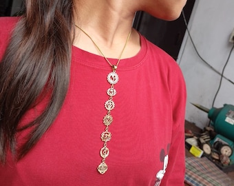 7 chakras necklace OM ;brass pendant and gold 18K plated chain; indian choker; indian hinduism prayer beads; long necklace