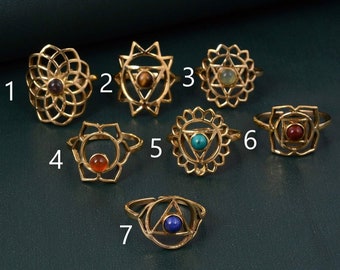 Seven Gemstone Chakra Ring: Gold Brass Yoga Jewelry