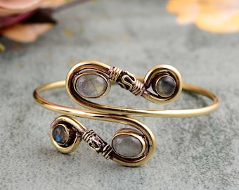 Gold Spiral Arm Cuff: Labradorite Gemstone Boho Bracelet