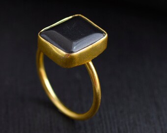 Handmade Black Obsidian Brass Ring: Ethnic Gemstone Jewelry