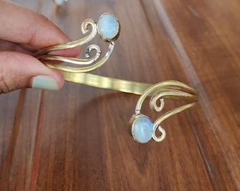 Rainbow Moonstone Gold Arm Cuff: Adjustable Boho Armlet
