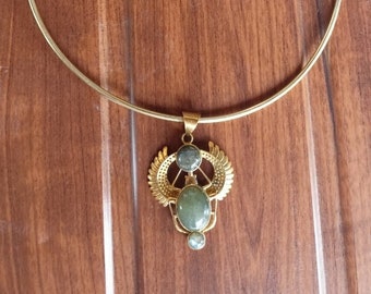 Labradorite Scarab Pendant Choker: Egyptian Revival Beetle Jewelry