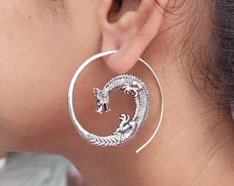 Vintage Brass Spiral Dragon Hoop Earrings: Ethnic Festival Jewelry