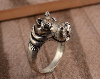 Hippopotamus Head Ring: Silver Hippo Totem Jewelry