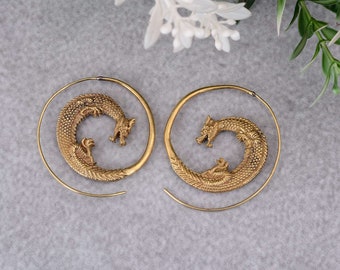 Gold Dragon Spiral Earrings: Brass Tribal Festival Hoops